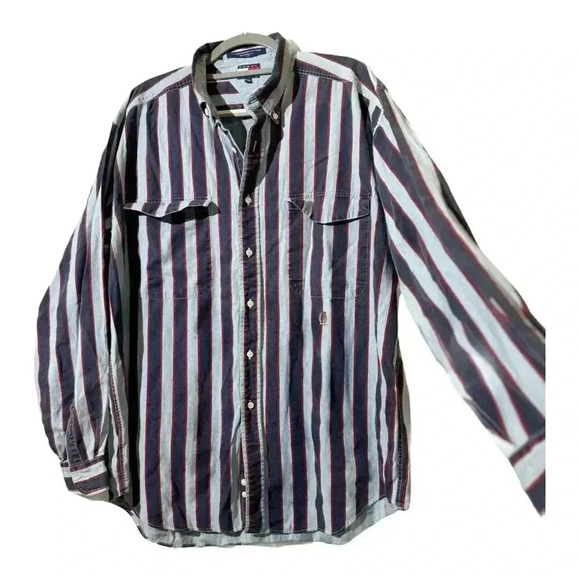 Tommy Hilfiger Mens XL VTG Y2K Crest Striped Button Shirt Multicolor Old Money - Picture 3 of 11